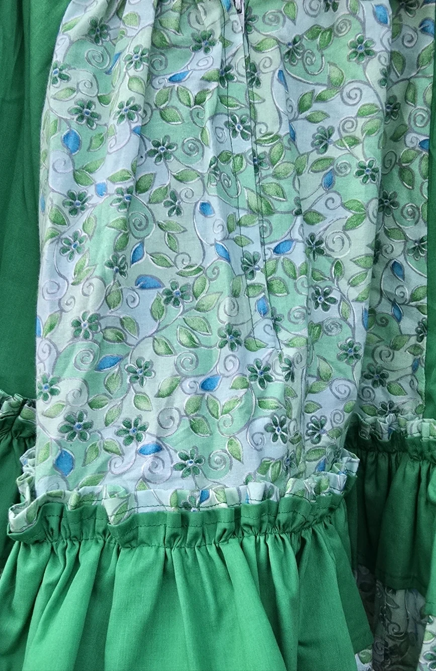 Vintage Green Floral Cotton Square Dance Skirt Cottagecore Prairie Ruffle